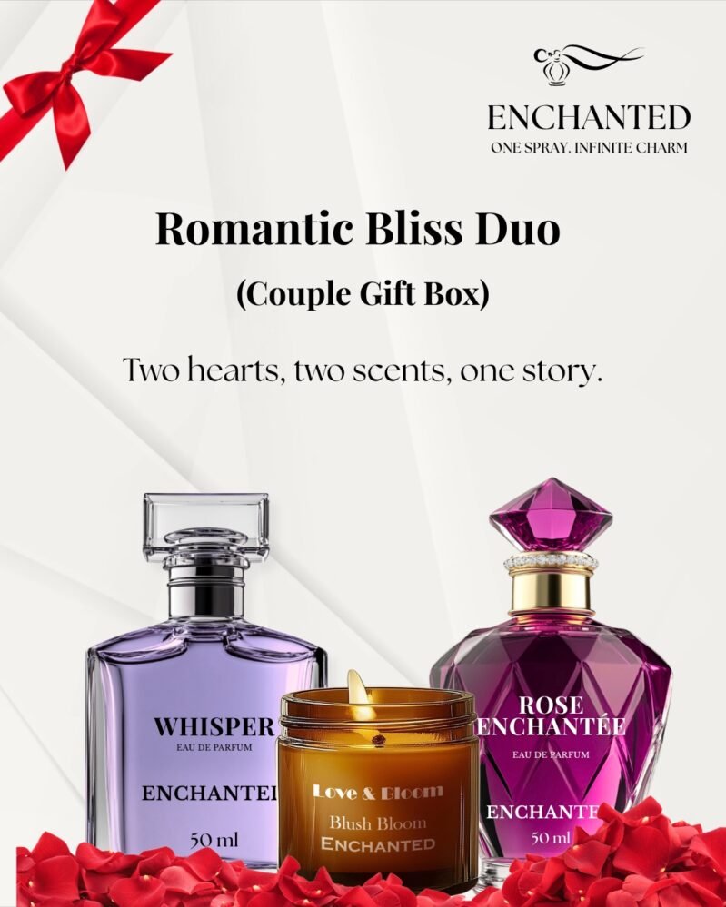 Enchanted | Romantic Bliss Duo Gift Box | Floral Musk & Rose Perfumes + Blush Bloom Candle | Couple Perfume & Aromatherapy Set | Romantic Anniversary Gift