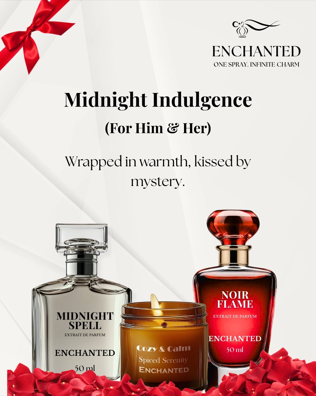 Enchanted | Midnight Indulgence Luxury Couple Set | Woody-Incense & Spicy Perfumes + Cinnamon Candle | Unisex & Men’s Fragrance Set | Nighttime Romantic Gift