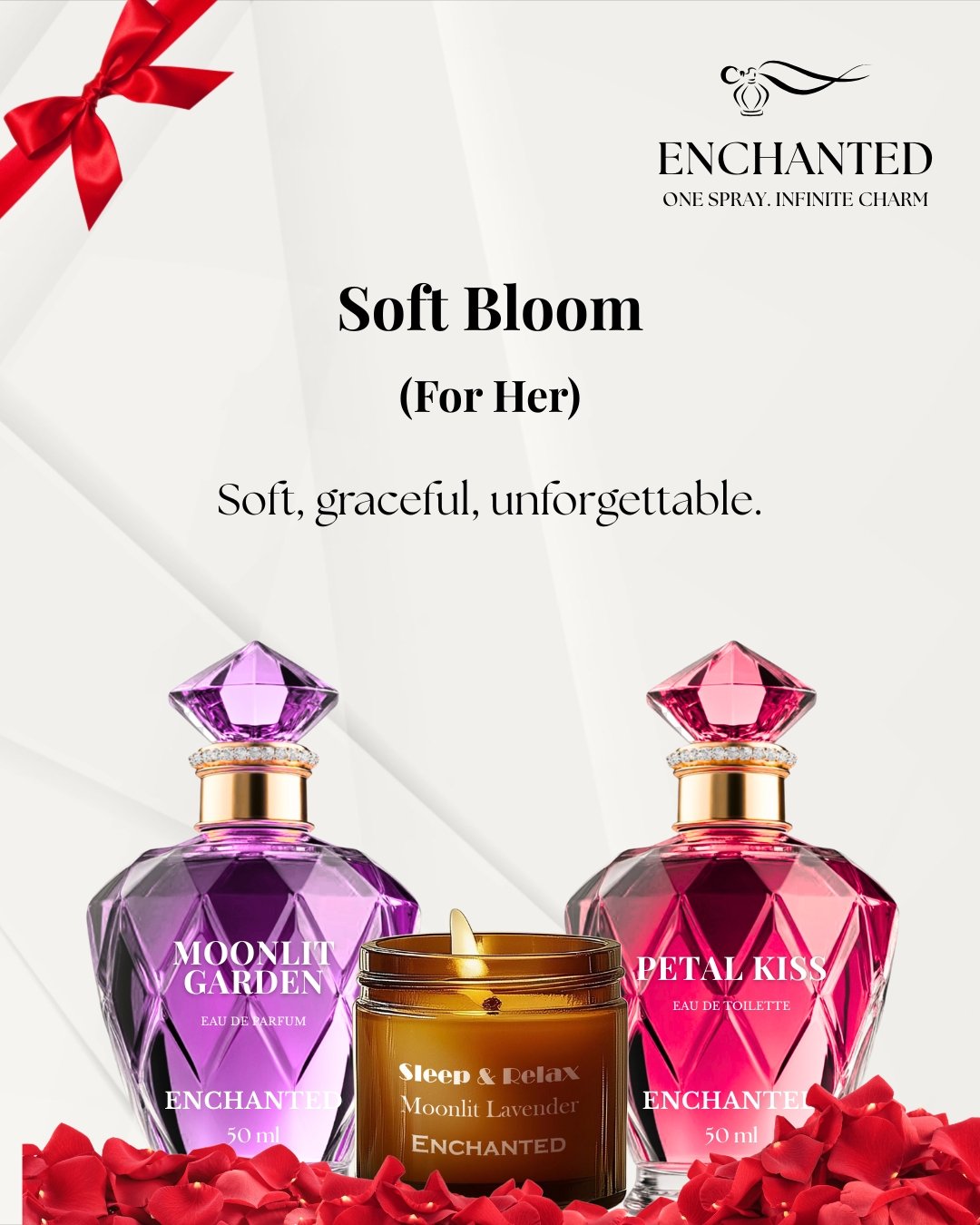 Enchanted | Soft Bloom Luxury Gift Box for Her | Sweet Floral & Gardenia Perfumes + Lavender Candle | Women’s Perfume & Candle Gift | Birthday or Bridal Gift