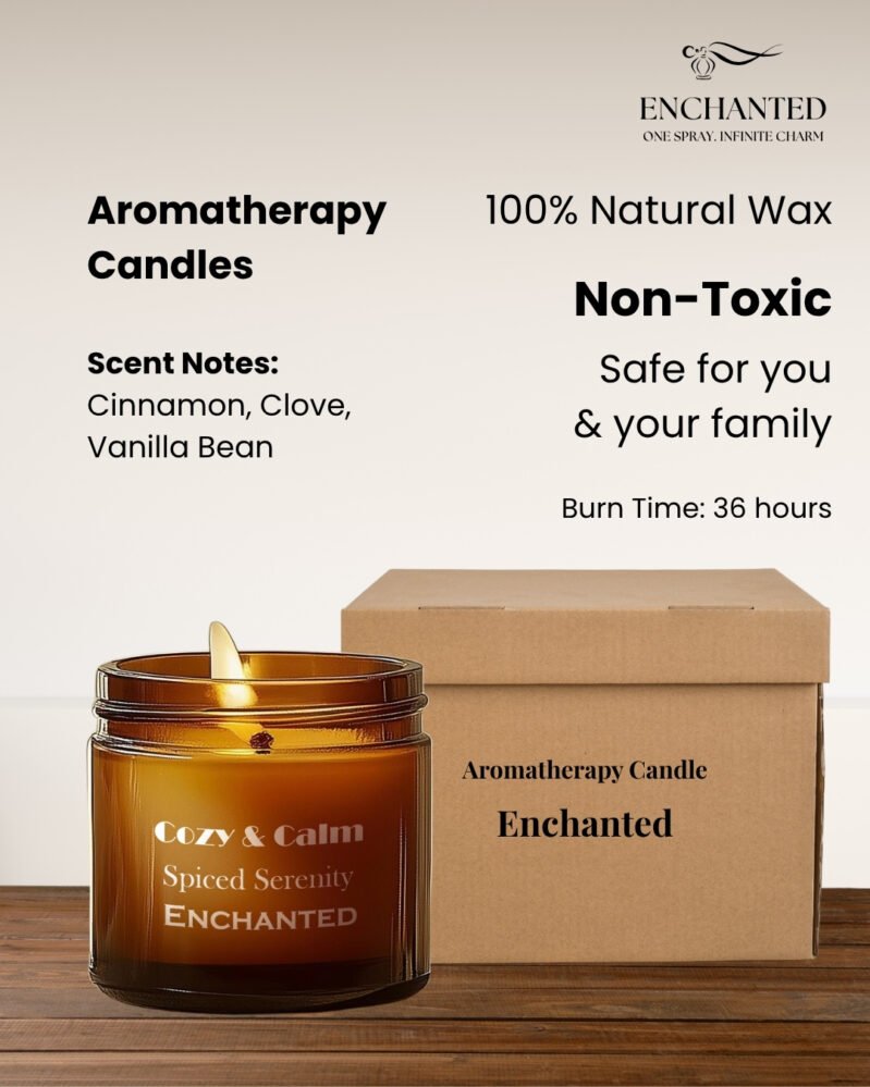 Enchanted Cozy & Calm | Spiced Serenity | Aromatherapy Candles | Cinnamon & Vanilla Bean | 100% Natural Wax | Glass Jar with Lid | 100gms Upto 36 Hrs Burn Time | Smoke Free & Non Toxic | Scented Candles for Comfort & Warm Vibes